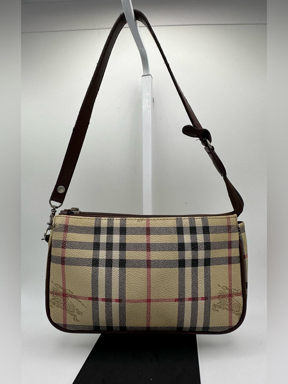 Vintage Burberry Haymarket Nova Check Pochette Shoulder Bag Brown Leather Beige